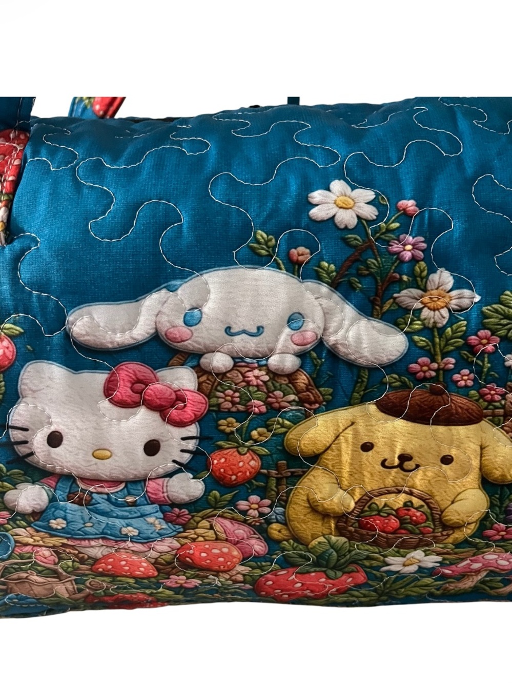 NEW Sanrio Hello Kitty & Friends Large Teal Quilted Garden Duffel Bag Flat Print - Picture 5 of 6